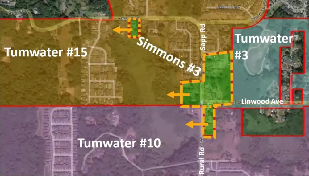 The Simmons 3 precinct would be distributed to Tumwater 3, 10, and 15.